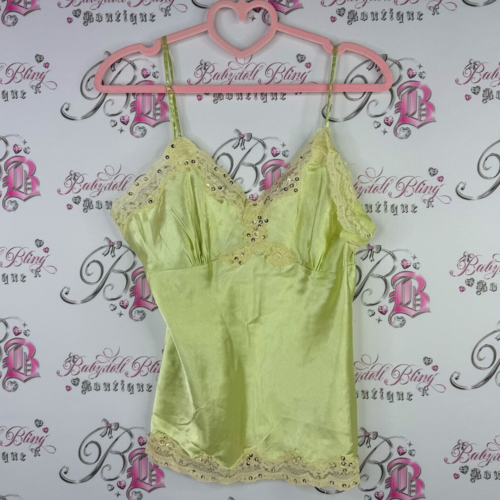 Seduction tank top silky satiny lime green pastel with beige gold sequin lace